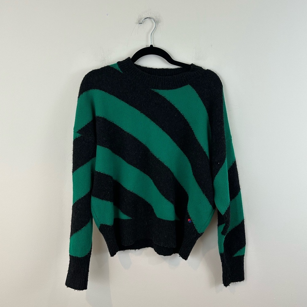 Clare V Drop Shoulder Green Dark Gray Stripe Sweater Wool Alpaca Womens Medium